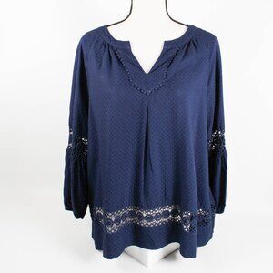 Crown & Ivy Petite Blue Lace Trim Blouse - Size PXL
